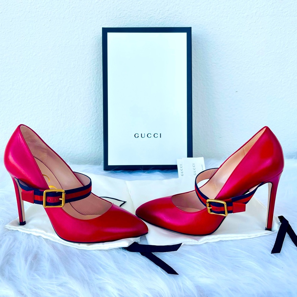New! GUCCI “Mary Jane” inspired
RED Leather Sylvie Web Strap Heels Size 38.5 - Picture 2 of 14